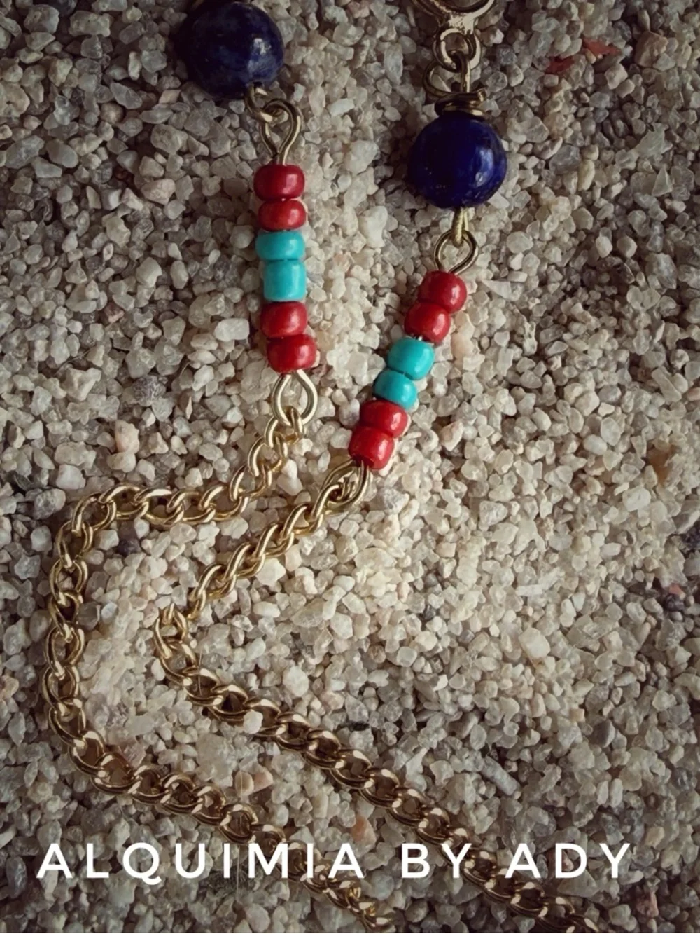 SHOULDER DUSTER +Gold Dangle Earrings with Blue, Red and Turquoise Beads
